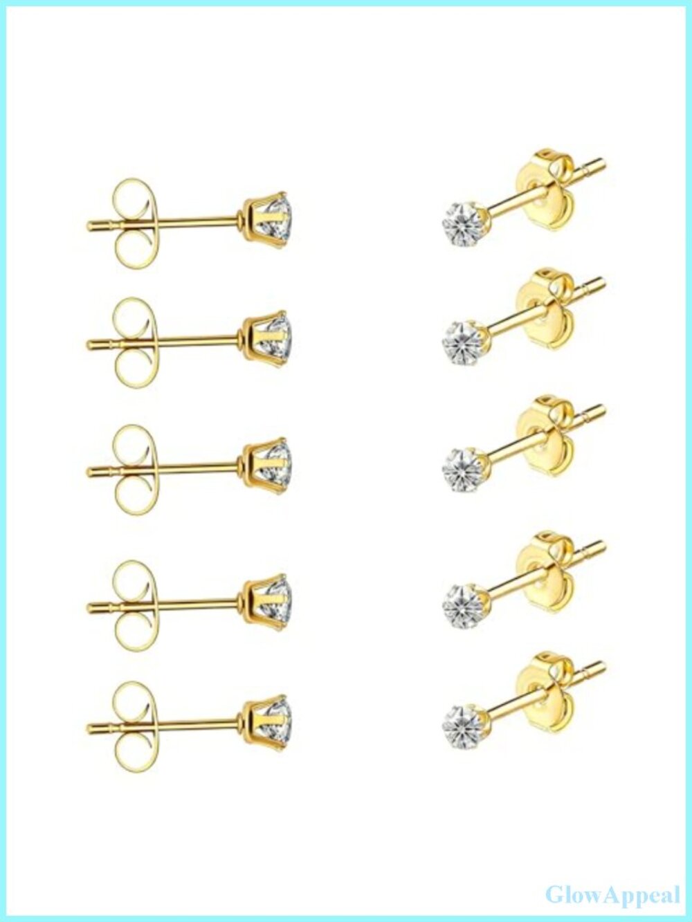 5 Pairs CZ Stud Earrings Set 14K Gold Plated Surgical Steel